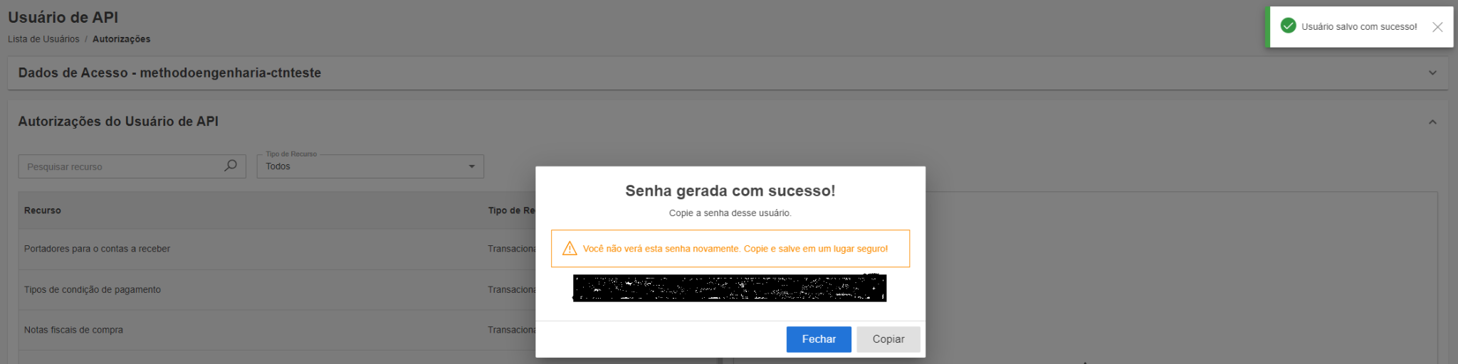 Aviso "Senha gerada com sucesso!" do Sienge, com a senha ocultada e o botão Copiar.