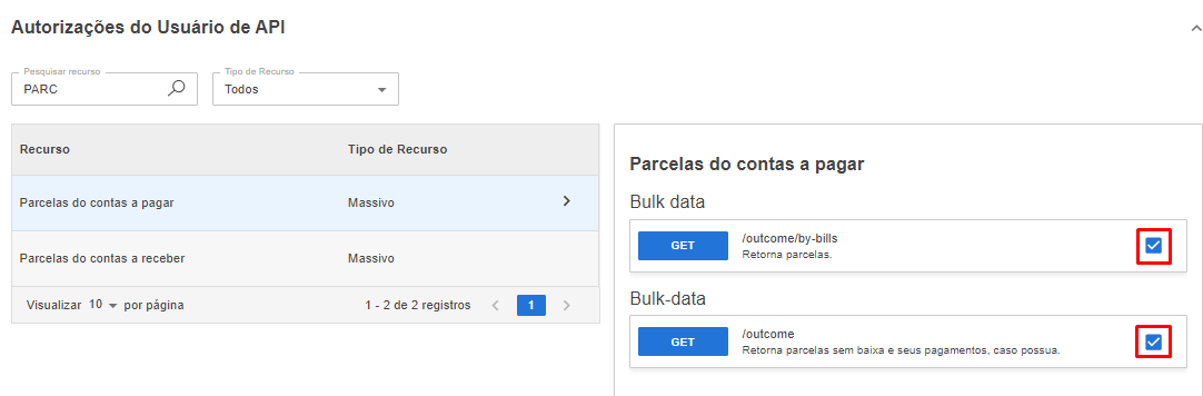 Tela de Autorizações do Sienge com o recurso "Parcelas do contas a pagar" e a rota marcada.