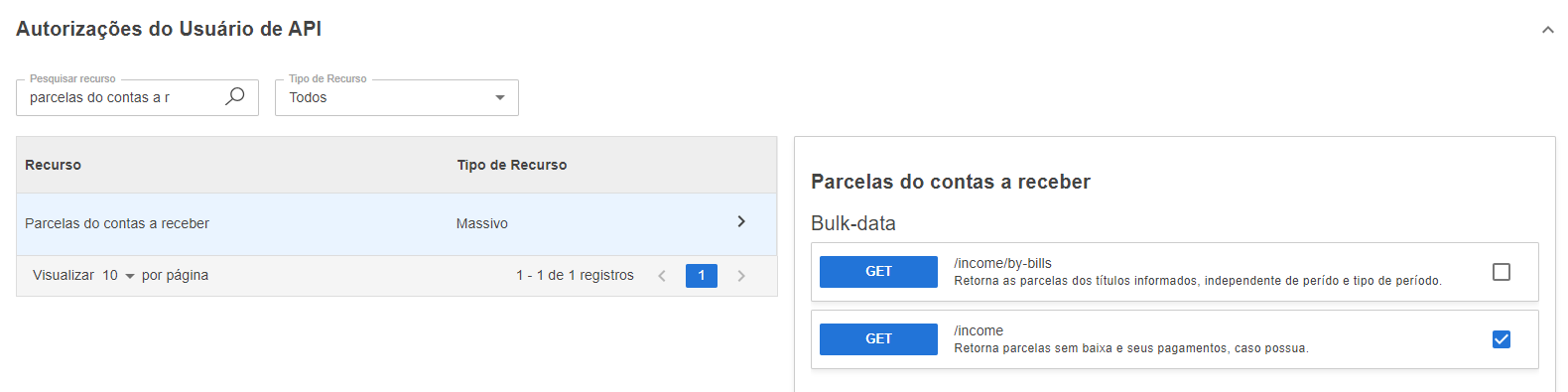 Tela de Autorizações do Sienge com o recurso "Parcelas do contas a receber" e a rota marcada.