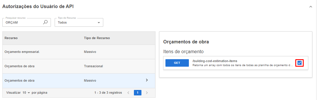 Tela de Autorizações do Sienge com o recurso "Orçamentos de obra" e a rota marcada.