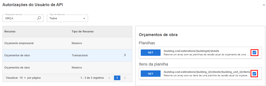 Tela de Autorizações do Sienge com o recurso "Orçamentos de Obra" e a rota marcada.